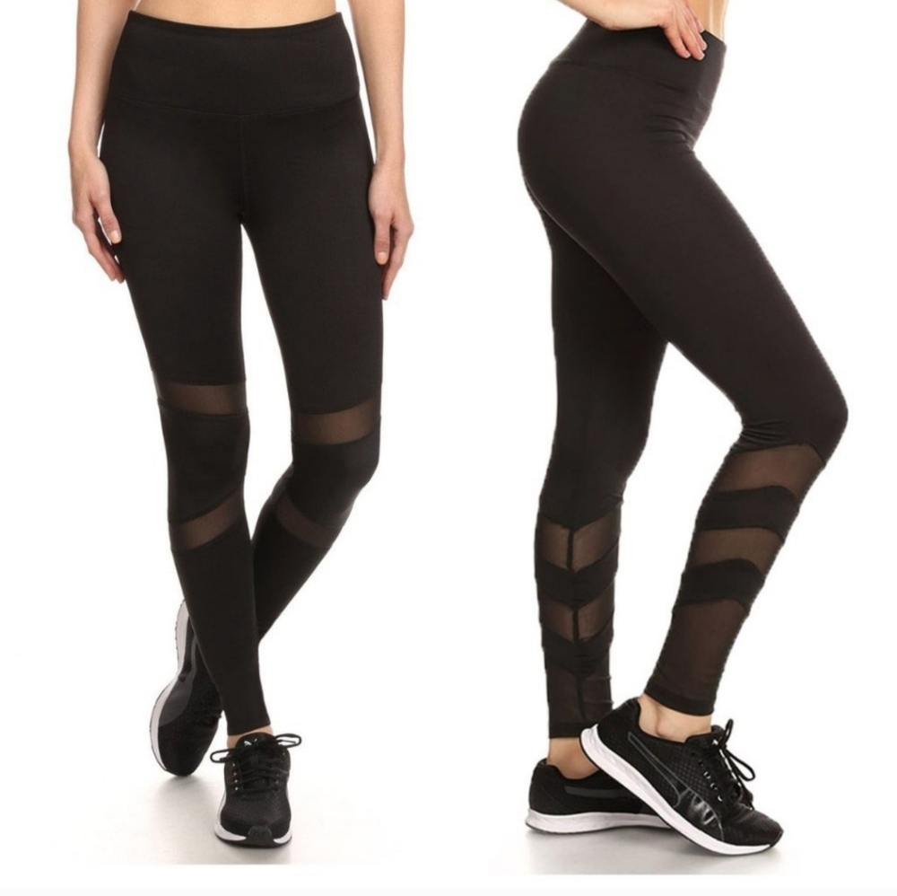 Black Leggings Workout Yoga Pants Mesh Cutout